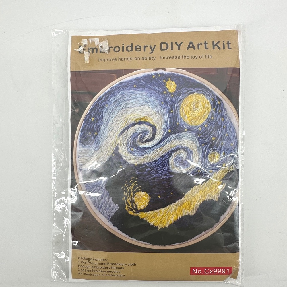 Embroidery DIY Art Kit Blue Yellow Starry Night Fiber Art Creative Gift Craft